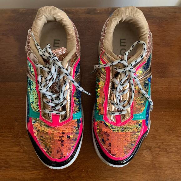 Fashion Nova Multicolor Sequined Glitter Patent Leather Sneakers Size 5 - Picture 8 of 13